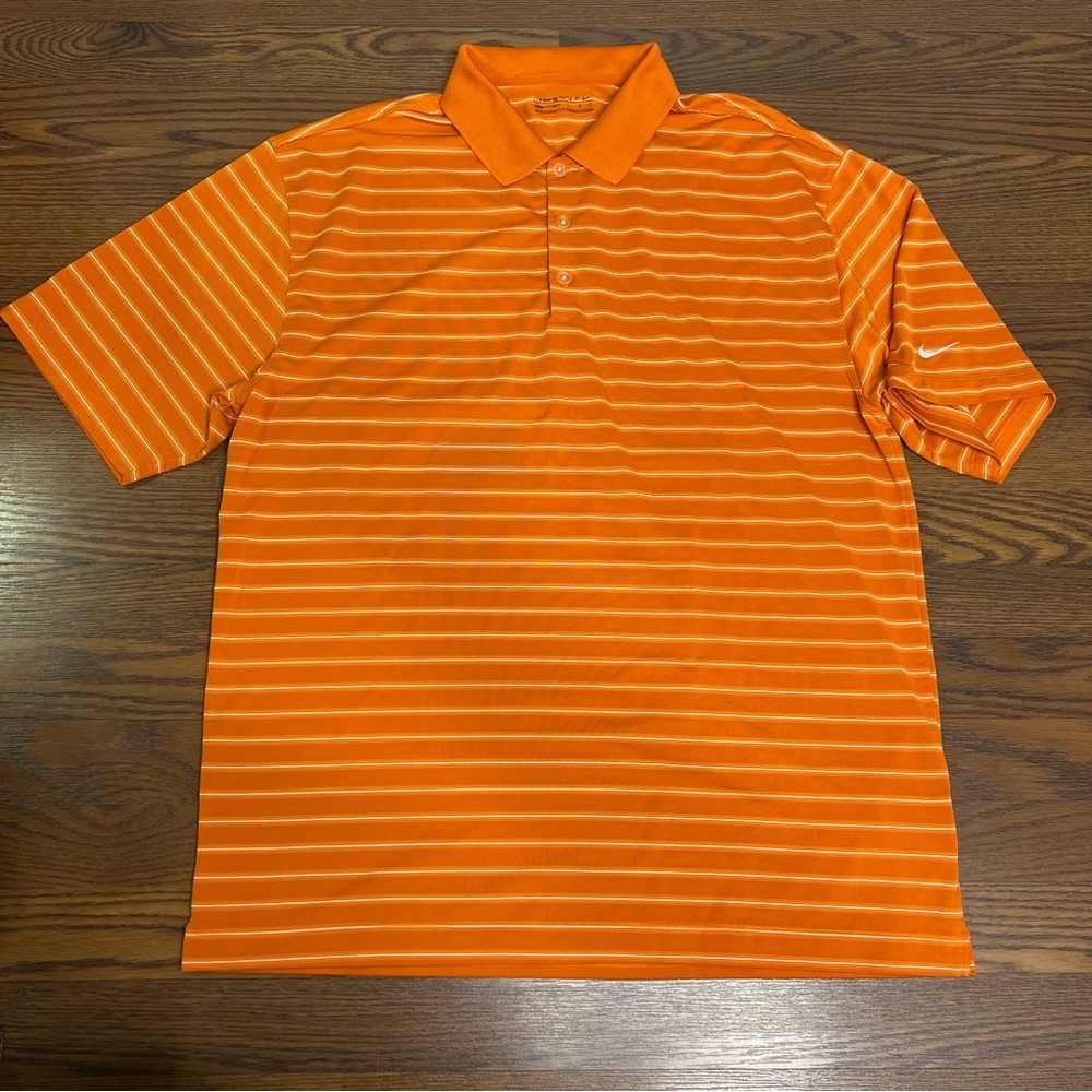 Nike Orange/White Striped Golf Polo, Embroidered Logo size Men’s Large